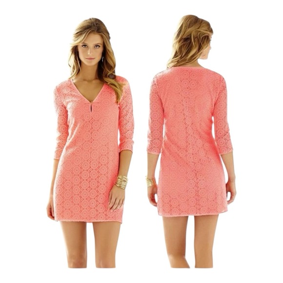 Lilly Pulitzer Dresses & Skirts - Lilly Pulitzer Lamora Pucker Pink‎ Breakers Lined Size Medium Lace Tunic Dress